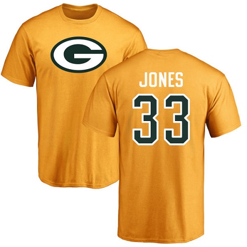 Men Green Bay Packers Gold #33 Jones Aaron Name And Number Logo Nike NFL T Shirt
